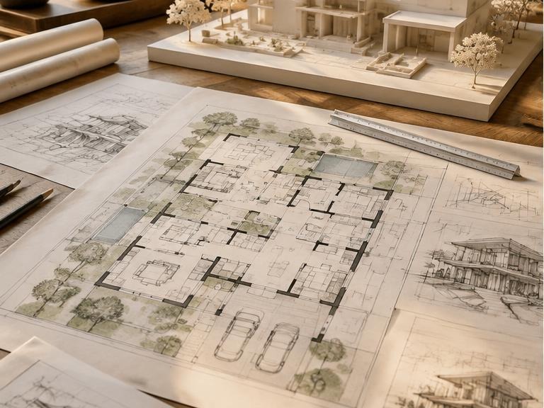 Architectural plans and scale model for a contemporary residence
