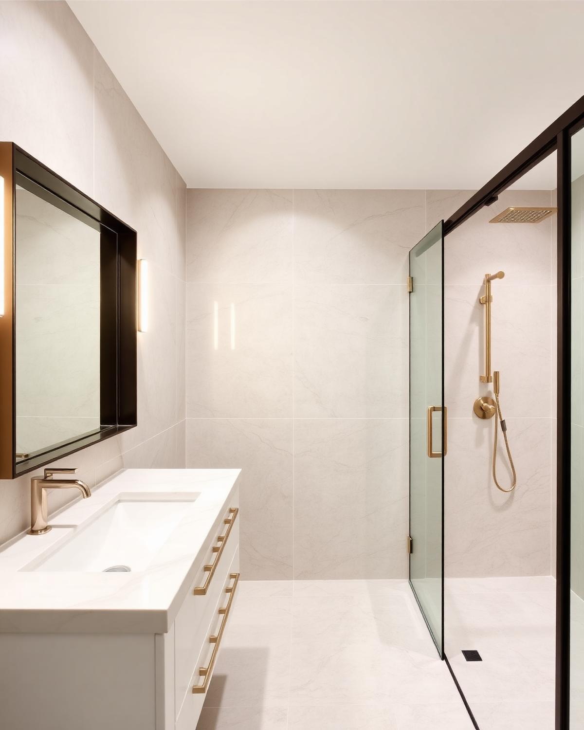 Premium bathroom interior design with stone tiles and brass fittings