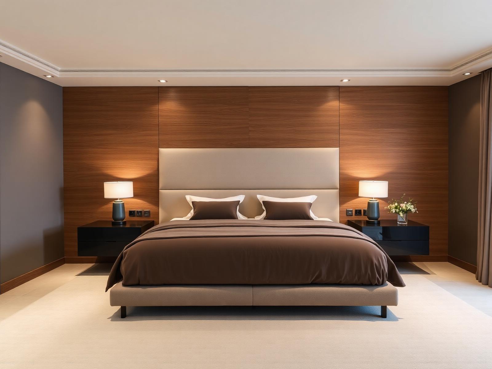 Luxury bedroom interior design with wood panelled headboard wall
