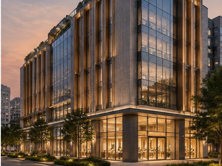 Completed contemporary commercial building at dusk