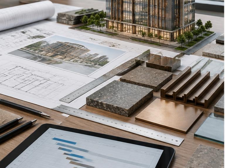 Commercial building plans, model and facade material study
