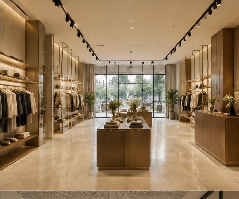 Premium commercial showroom interior with brass display shelving