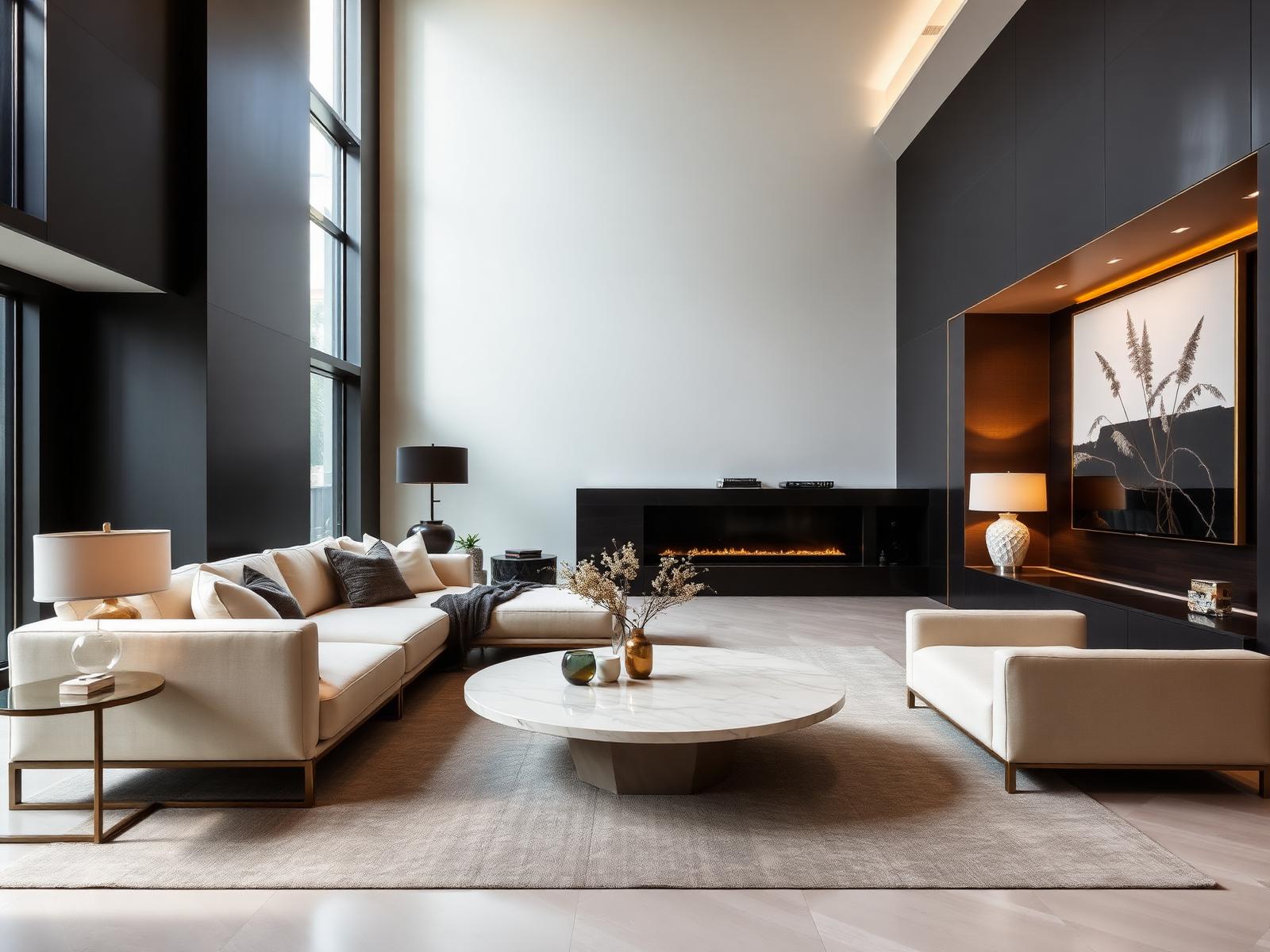 Contemporary living room interior design with charcoal accent wall