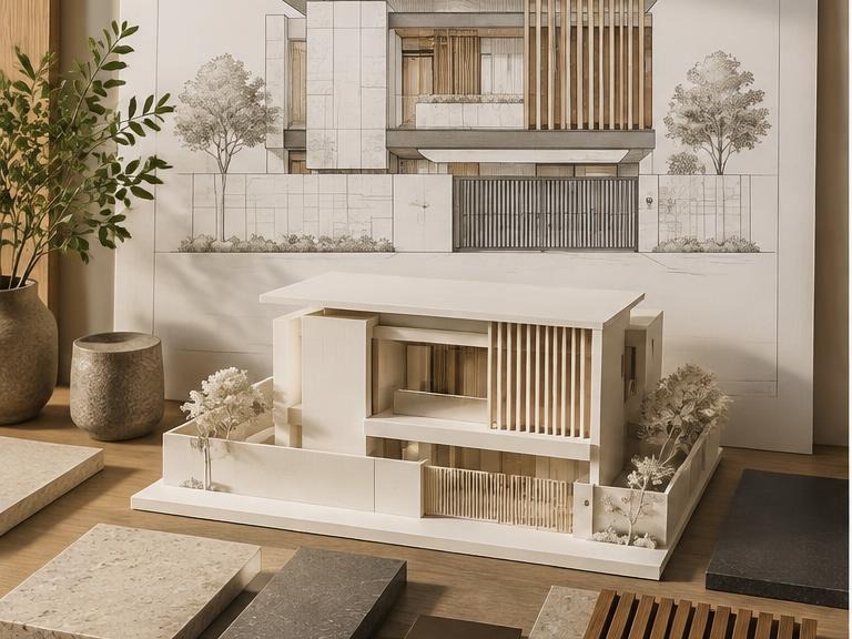 Facade elevation drawing, scale model and exterior material palette