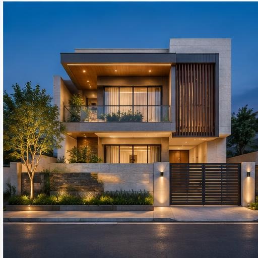 Residential elevation design with stone cladding at dusk in Patna