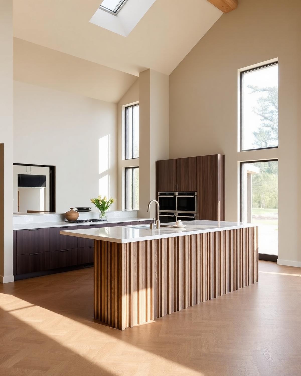Island modular kitchen design with fluted wood base and stone top