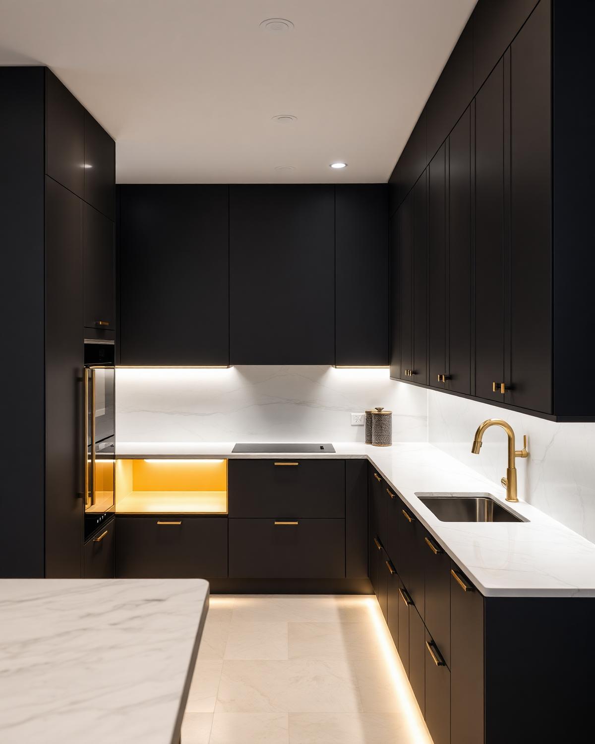 L-shaped modular kitchen design with graphite cabinetry and stone counter