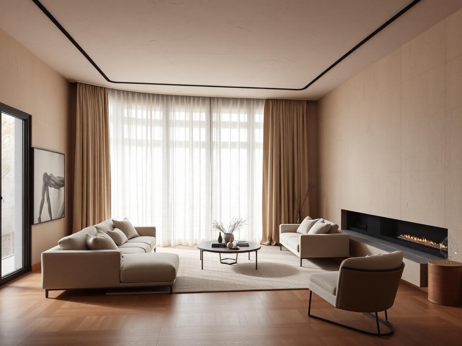 Re-modified apartment living room with warm neutral finishes