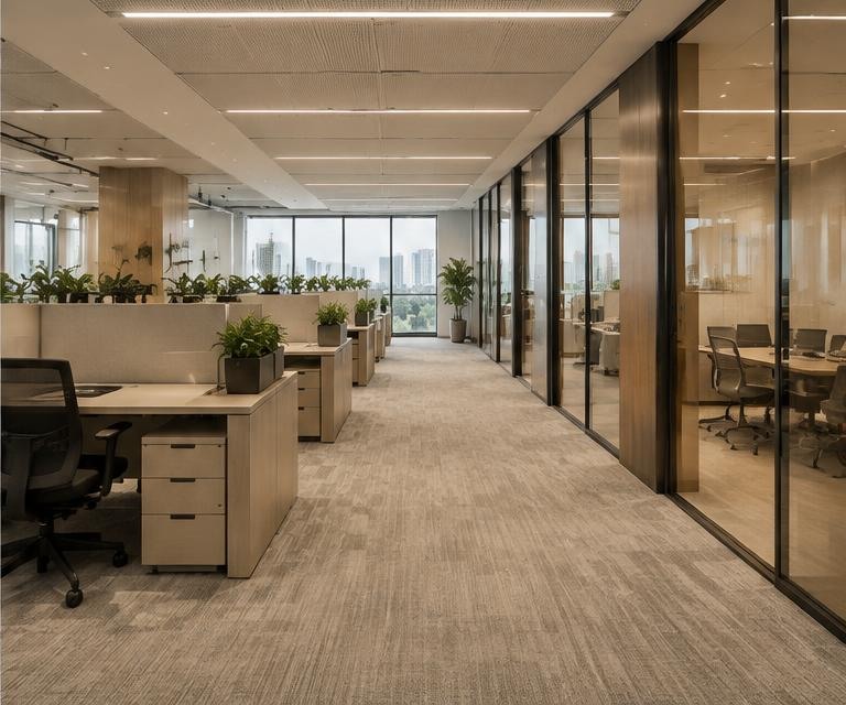 Modern office interior design with workstations and glass cabins