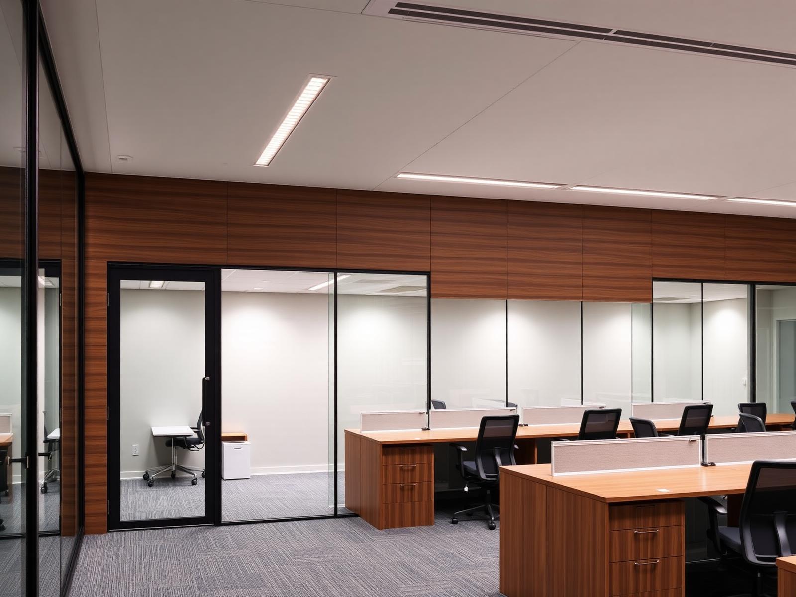 Re-modified office interior with glass cabins and wood panelling