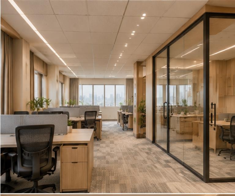 Re-modified office interior with glass cabins and wood panelling