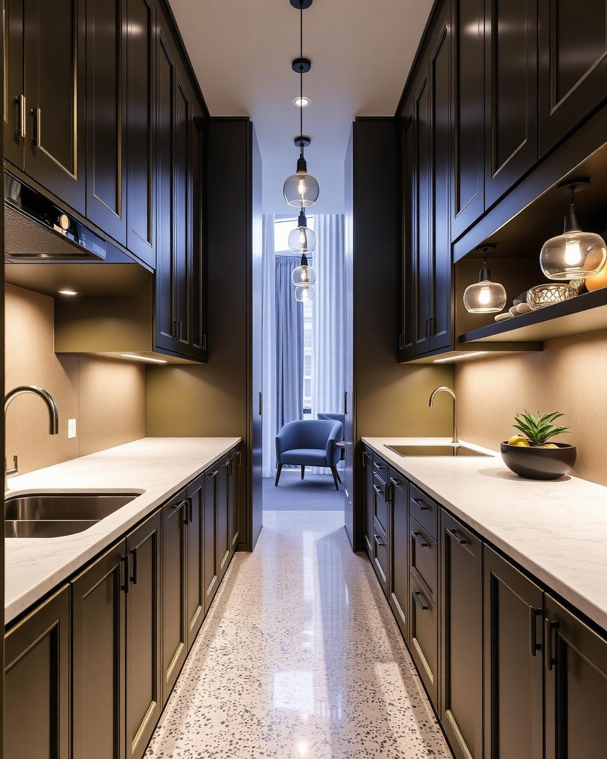 Parallel galley modular kitchen design with facing counters