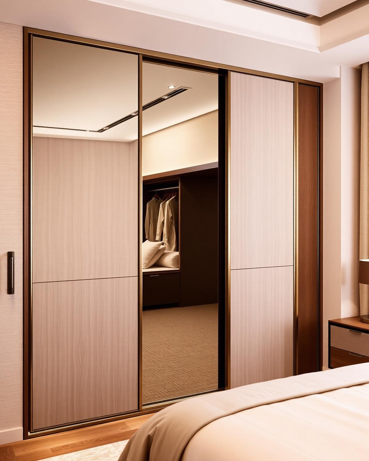 Sliding door wardrobe design with mirrored and laminate panels