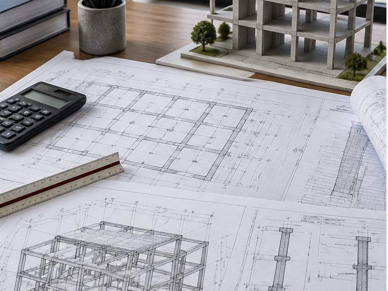Structural grid drawings and reinforced concrete frame model