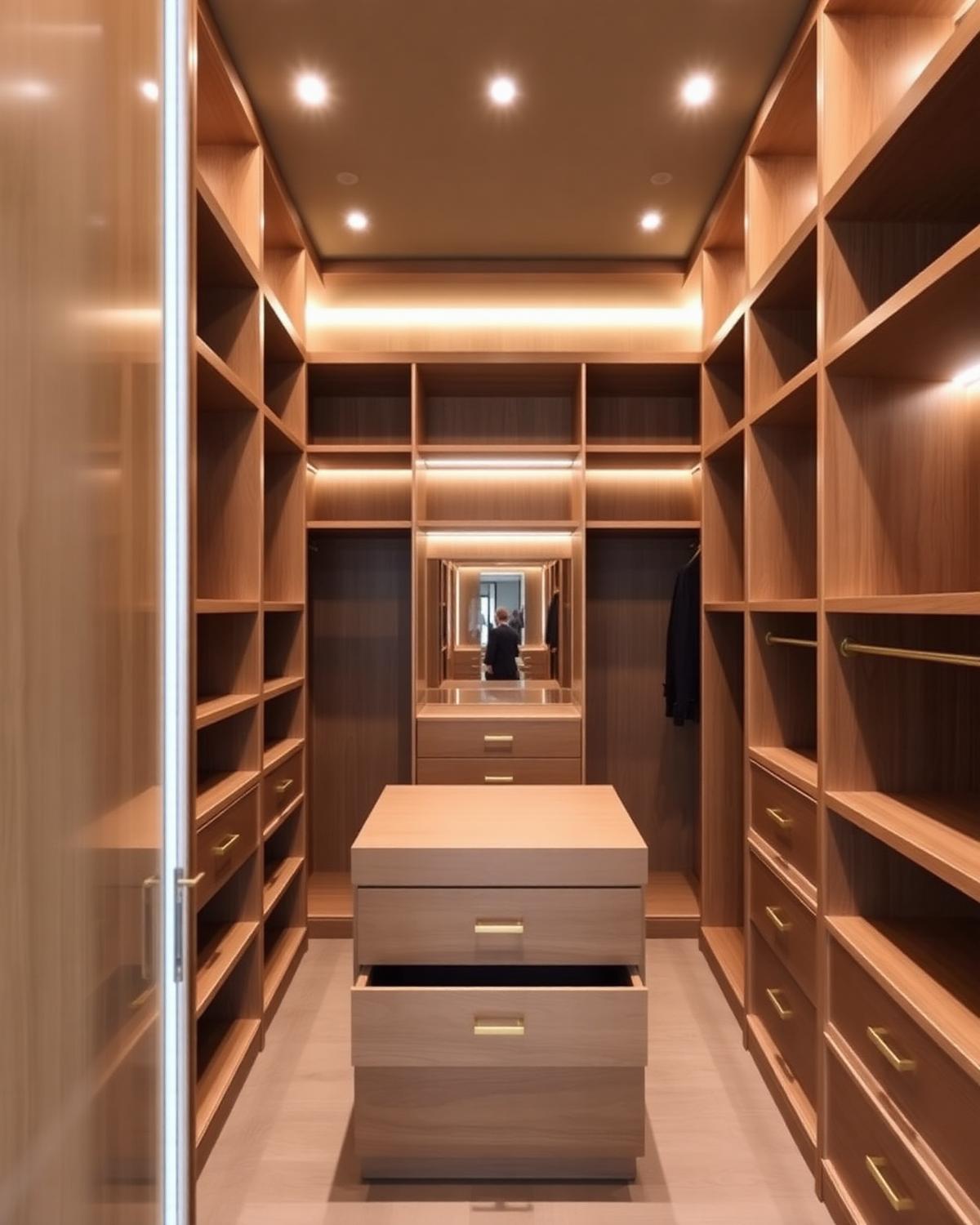 Walk-in wardrobe design with open oak shelving and brass rails